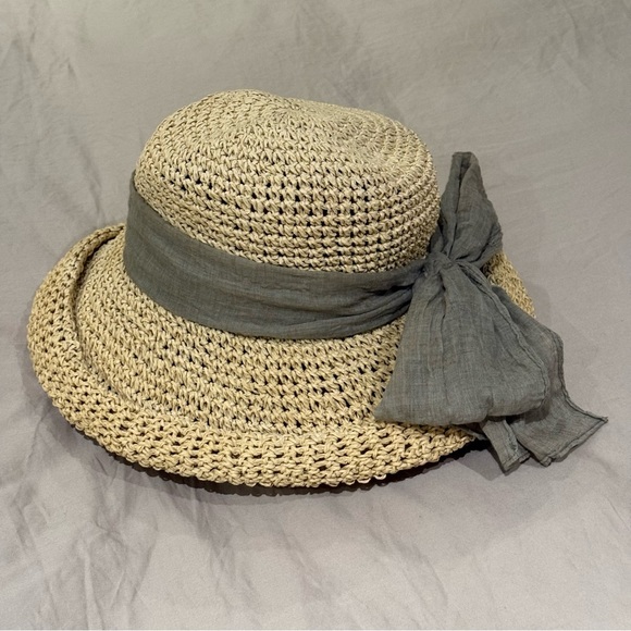 Rolled Brim Toyo Straw Hat with Gauze Tie - Scala Pronto - - Picture 3 of 7